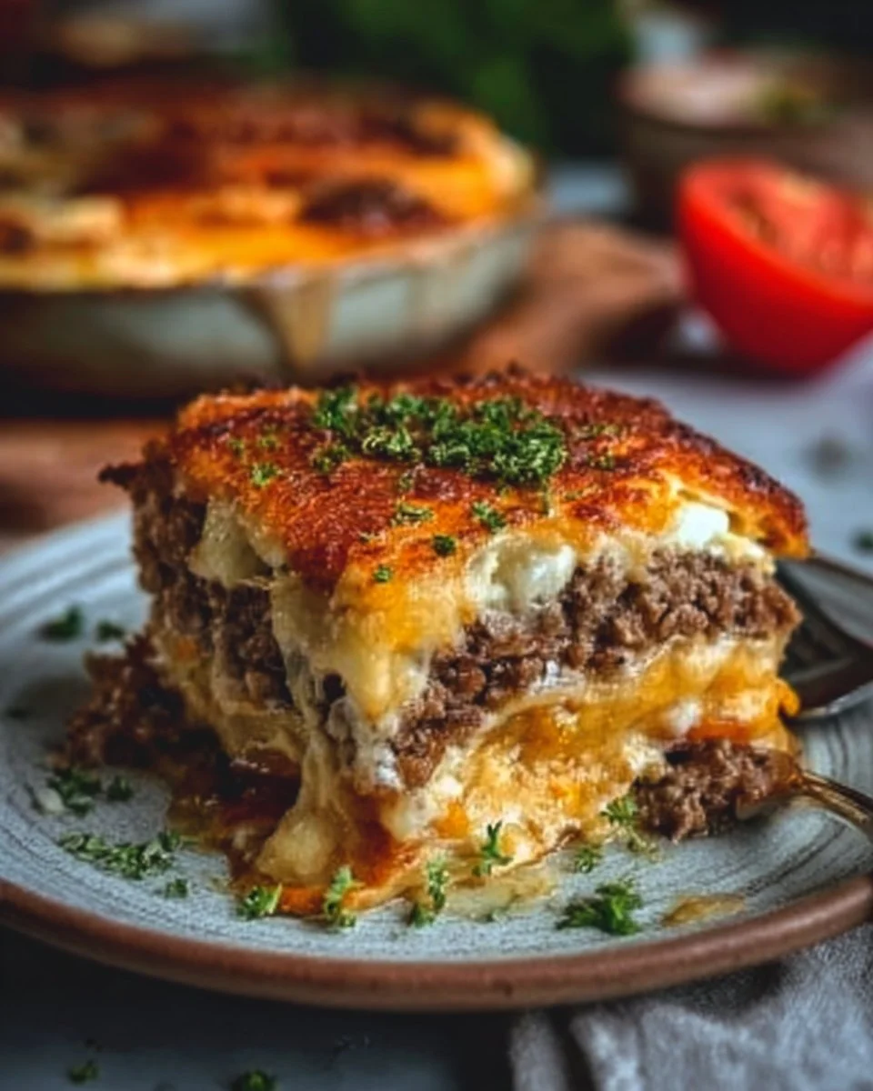 Niedrig-carb Cheeseburger-Casserole auf einem Teller serviert