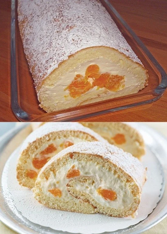 Mandarinen Quark Biskuitrolle mit frischer Sahne und Mandarinen