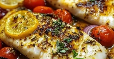 Mediterraner Ofenfisch mit frischen Kräutern und Zitronen.
