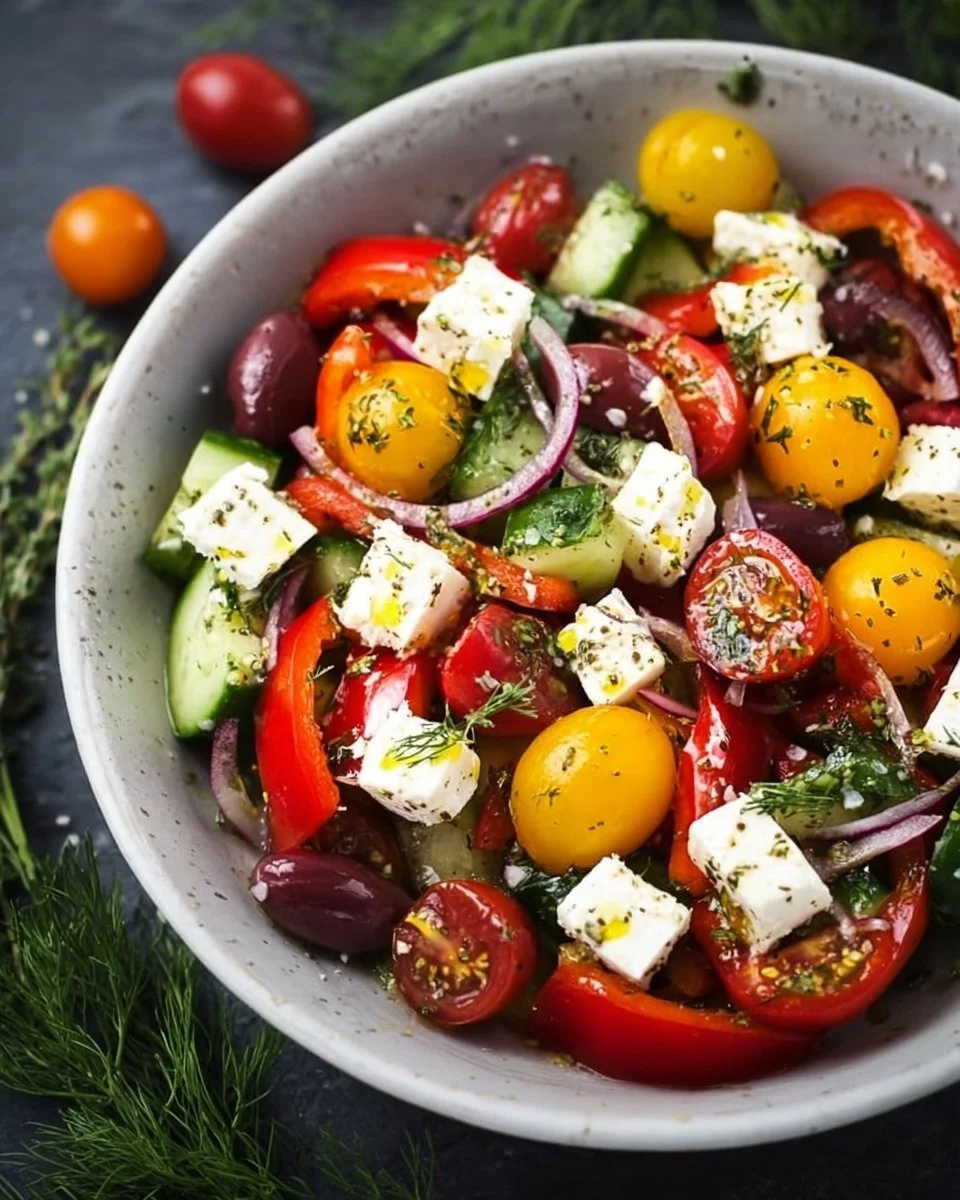 Mediterraner Salat für das Grillen, frisch und gesund zubereitet.