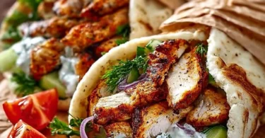 Mediterranes Hähnchen-Gyros mit Feta-Tzatziki auf einem Teller angerichtet