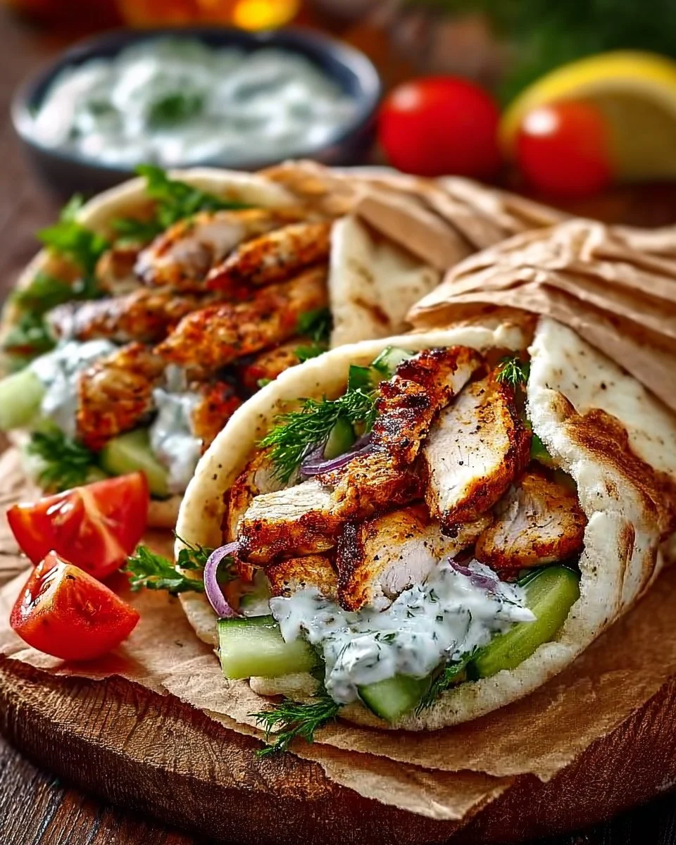 Mediterranes Hähnchen-Gyros mit Feta-Tzatziki auf einem Teller angerichtet