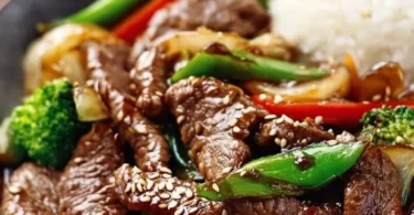Eine köstliche Portion Mongolian Beef mit Gemüse und Aromaten auf einem Teller.