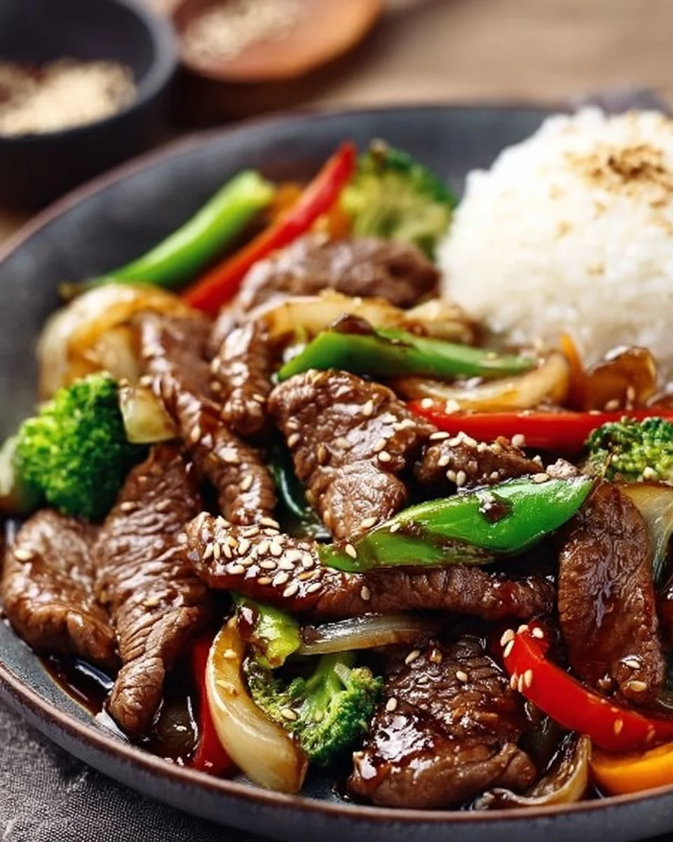 Eine köstliche Portion Mongolian Beef mit Gemüse und Aromaten auf einem Teller.