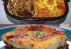 Leckere Moussaka mit Auberginen und Hackfleisch, serviert auf einem Teller