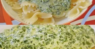 Nudeln in Spinatsauce mit Frischkäse serviert auf einem Teller