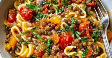 One-Pot-Pasta mit Linsen in einer Pfanne angerichtet