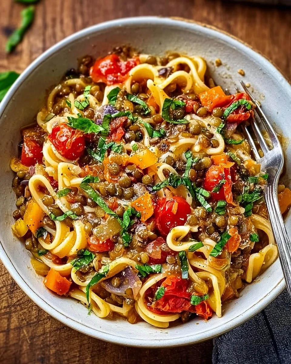One-Pot-Pasta mit Linsen in einer Pfanne angerichtet