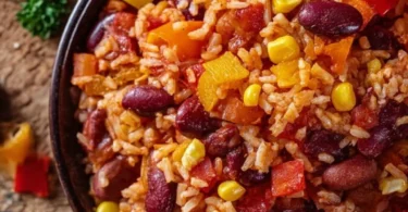 Einfaches One-Pot Rice Rezept mit Paprika, Bohnen und Mais.