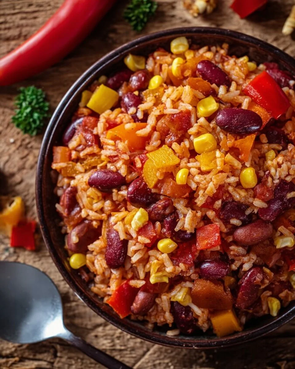 Einfaches One-Pot Rice Rezept mit Paprika, Bohnen und Mais.