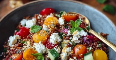 Orientalischer roter Linsensalat mit Feta und frischem Gemüse