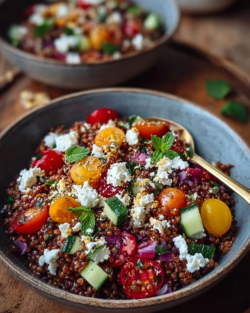 Orientalischer roter Linsensalat mit Feta und frischem Gemüse
