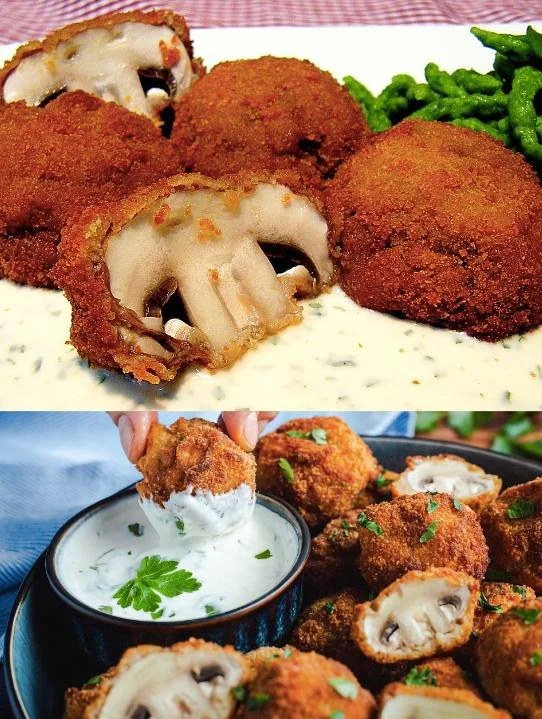 Panierte Champignons serviert mit aromatischem Kräuterquark