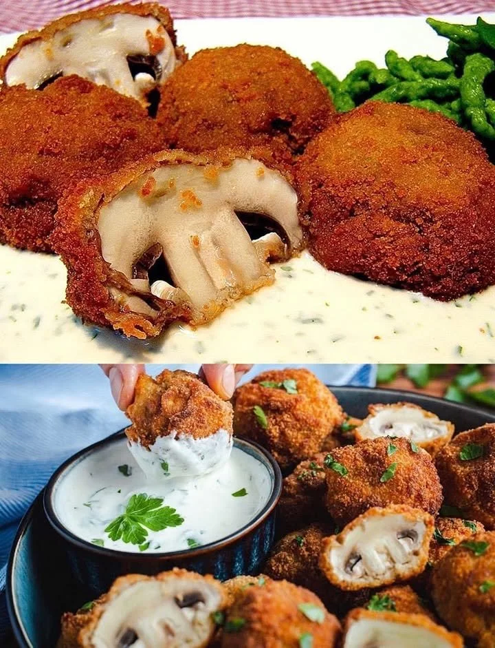 Panierte Champignons mit frischem Kräuterquark serviert auf einem Teller