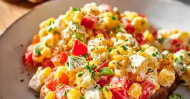 Paprika-Mais-Salat mit Feta und Joghurt in einer bunten Schüssel