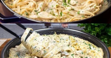 Cremige Pasta Alfredo mit frischen Zutaten serviert