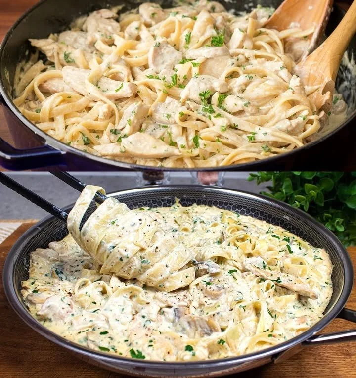 Cremige Pasta Alfredo mit frischen Zutaten serviert