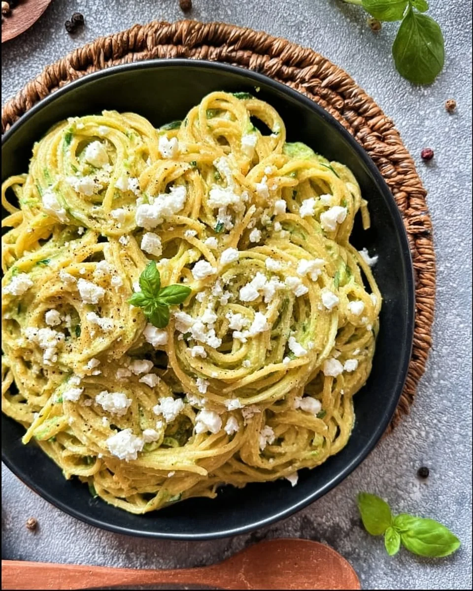 Pasta mit leckerer Zucchini-Sauce auf einem Teller serviert.