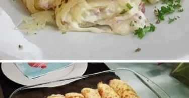 Pfannkuchen gefüllt mit Schinken und Käse auf einem Teller