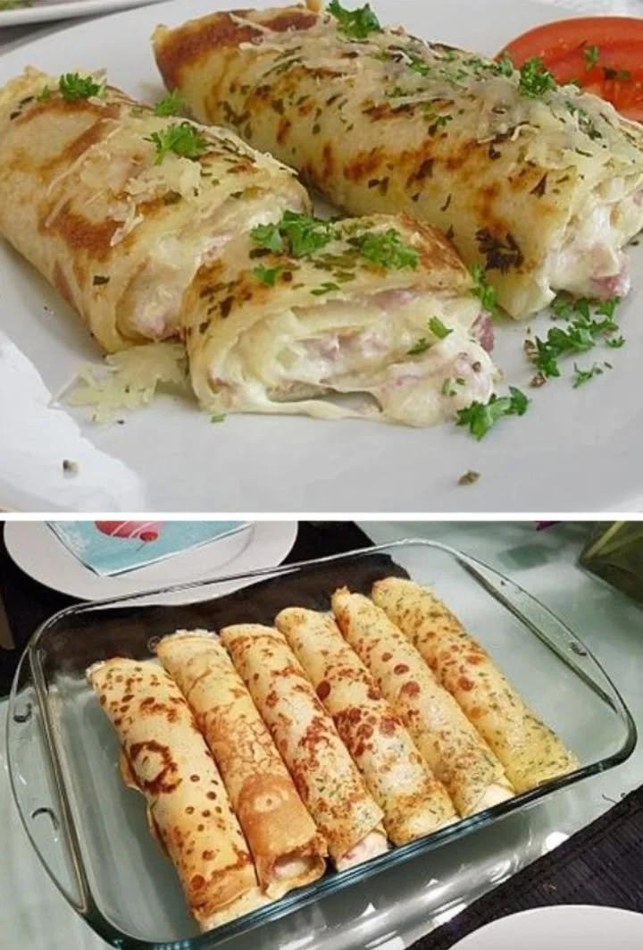 Pfannkuchen gefüllt mit Schinken und Käse auf einem Teller