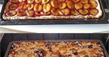 Pflaumenkuchen mit Streusel auf einem Teller, frisch gebacken und serviert.