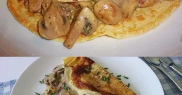 Herzhafte Pilzpfannkuchen mit frischen Pilzen und Kräutern auf einem Teller