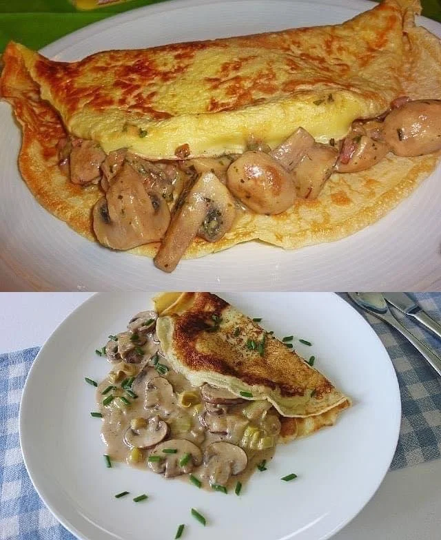 Herzhafte Pilzpfannkuchen mit frischen Pilzen und Kräutern auf einem Teller