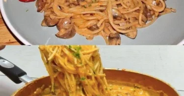 Leckere Pilzspaghetti aus der Pfanne mit frischen Zutaten zubereitet