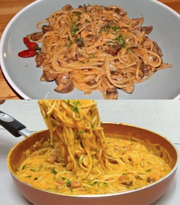 Leckere Pilzspaghetti aus der Pfanne mit frischen Zutaten zubereitet