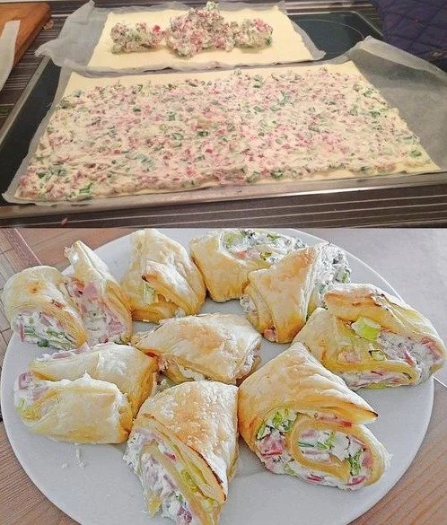 Puff Pastry Rolls mit Schinken und Frischkäse auf einem Teller serviert.