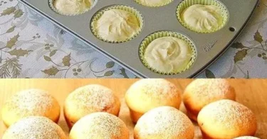 Leckere Quark Muffins mit Vanillepudding auf einem Holzbrett