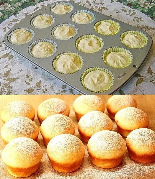 Leckere Quark Muffins mit Vanillepudding auf einem Holzbrett