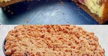 Quarkstreuselkuchen mit Vanille und Kirschfüllung auf einem Teller