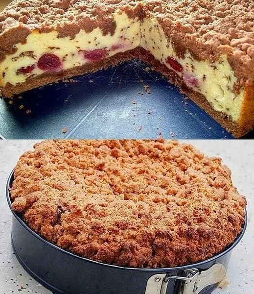 Quarkstreuselkuchen mit Vanille-Kirsch-Füllung
