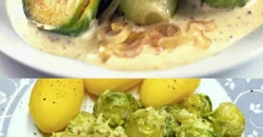 Rosenkohl mit Käse-Senf-Sauce auf einem Teller serviert