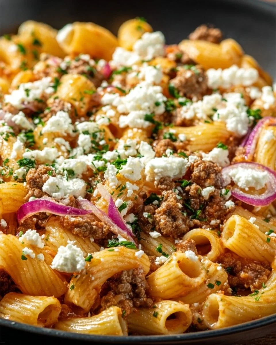 Schnelle Nudel-Hackfleisch-Pfanne mit Feta serviert in einer Pfanne