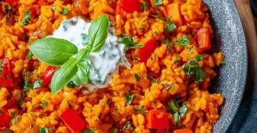 Schnelle Paprika-Reis-Pfanne mit Joghurtsoße, lecker und gesund zubereitet.