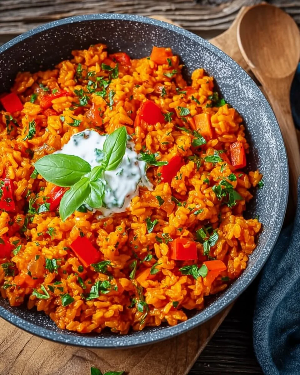 Schnelle Paprika-Reis-Pfanne mit Joghurtsoße, lecker und gesund zubereitet.