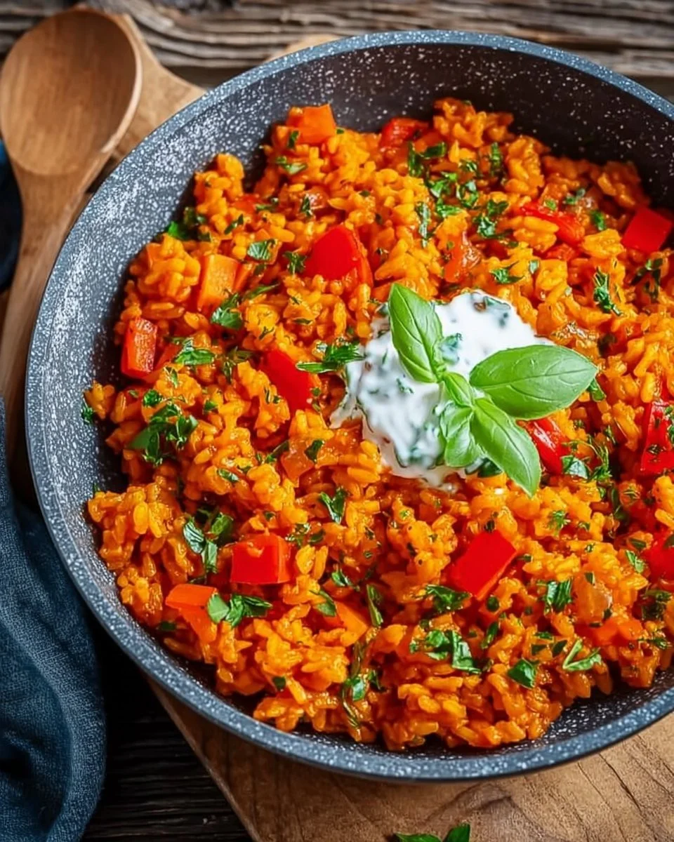 Schnelle Paprika-Reis-Pfanne mit Joghurtsoße