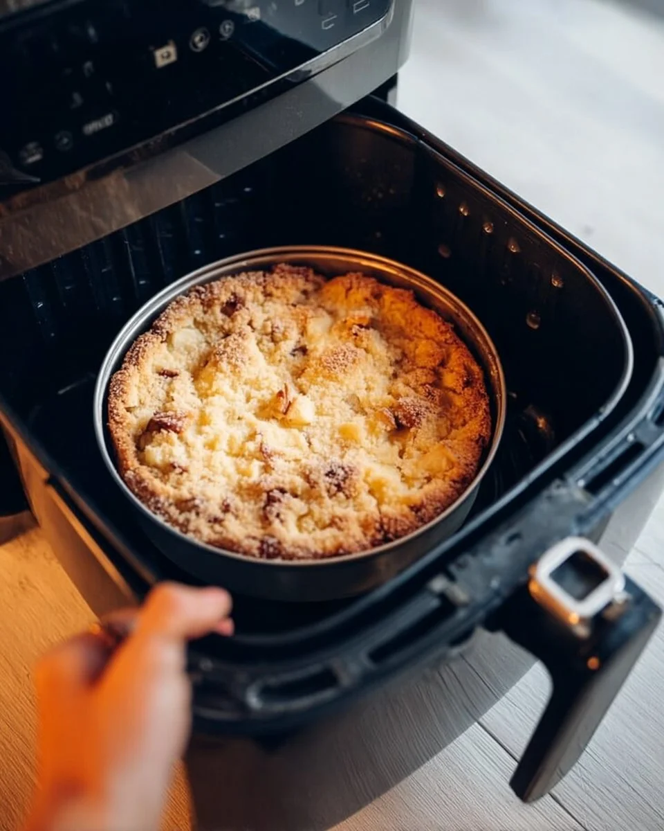 Schneller Apfelkuchen aus der Heißluftfritteuse frisch gebacken.
