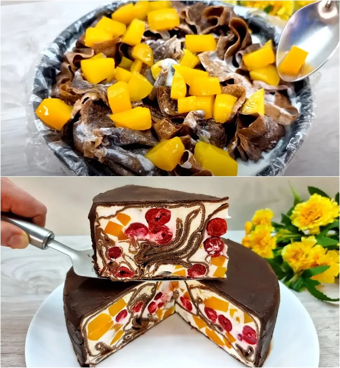 Schokoladen-Pfannkuchen-Kuchen mit Früchten auf einem Teller