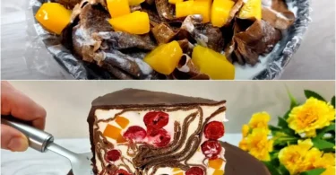 Schokoladen-Pfannkuchen-Kuchen mit Früchten auf einem Teller