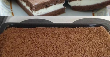 Schokoladenkuchen mit Sahne auf einem eleganten Teller serviert.