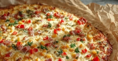 Schüttelpizza auf einem Teller mit frischen Zutaten und Kräutern