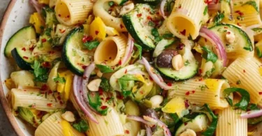 Sommerlicher Nudelsalat mit Zucchini, frisch und bunt serviert.