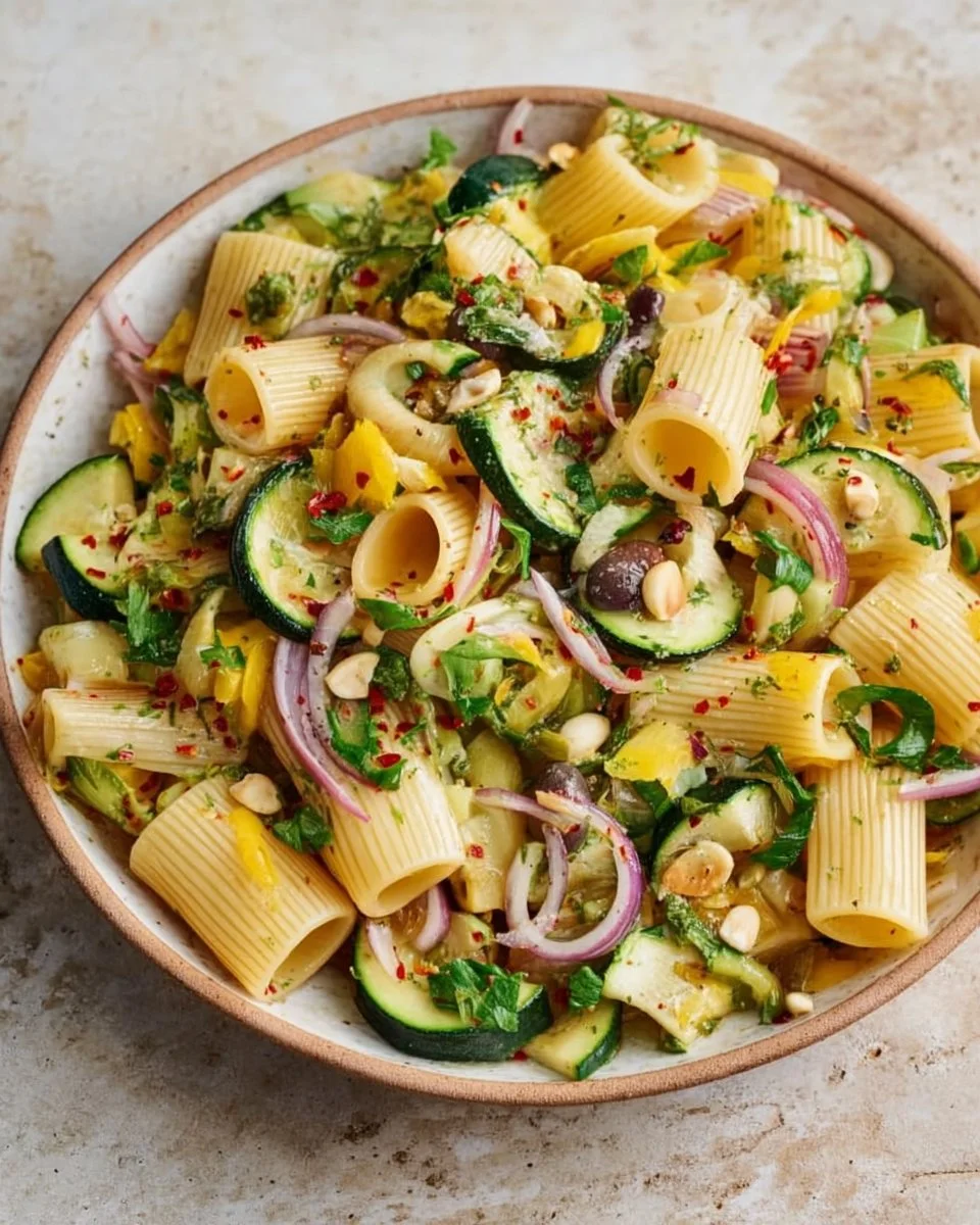 Sommerlicher Nudelsalat mit Zucchini, frisch und bunt serviert.