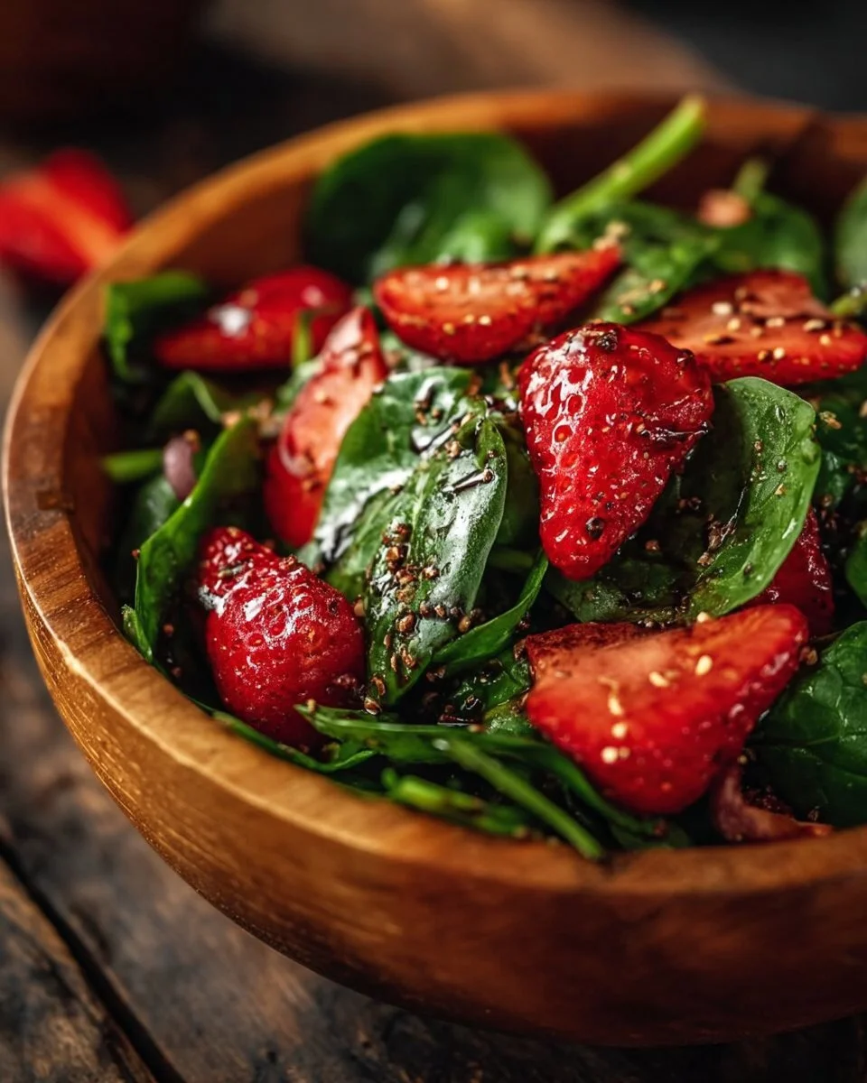 Spinat- und Erdbeersalat mit Balsamico-Dressing auf einem Teller