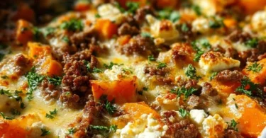 Süßkartoffel-Hackfleisch-Auflauf mit Feta auf einem Teller serviert