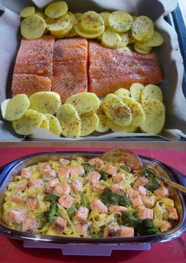 Tagliatelle mit Lachs und Brokkoli auf einem Teller serviert