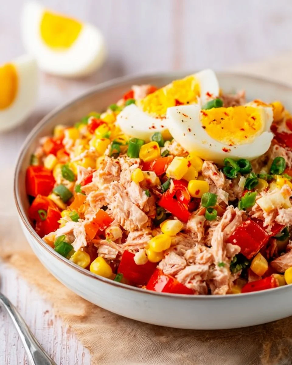 Thunfisch-Salat mit Eiern, Mais und Paprika in einer Schüssel serviert